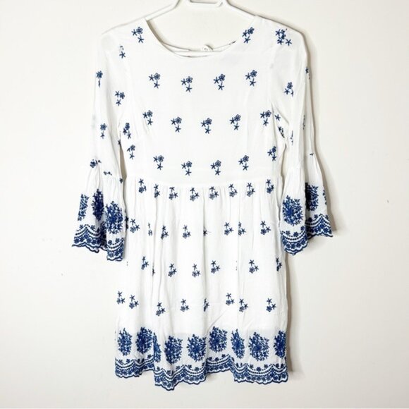 LULUS With a Whisper Blue and Ivory Embroidered Dress 3/4 Sleeve Boho Chic XS - Picture 4 of 16